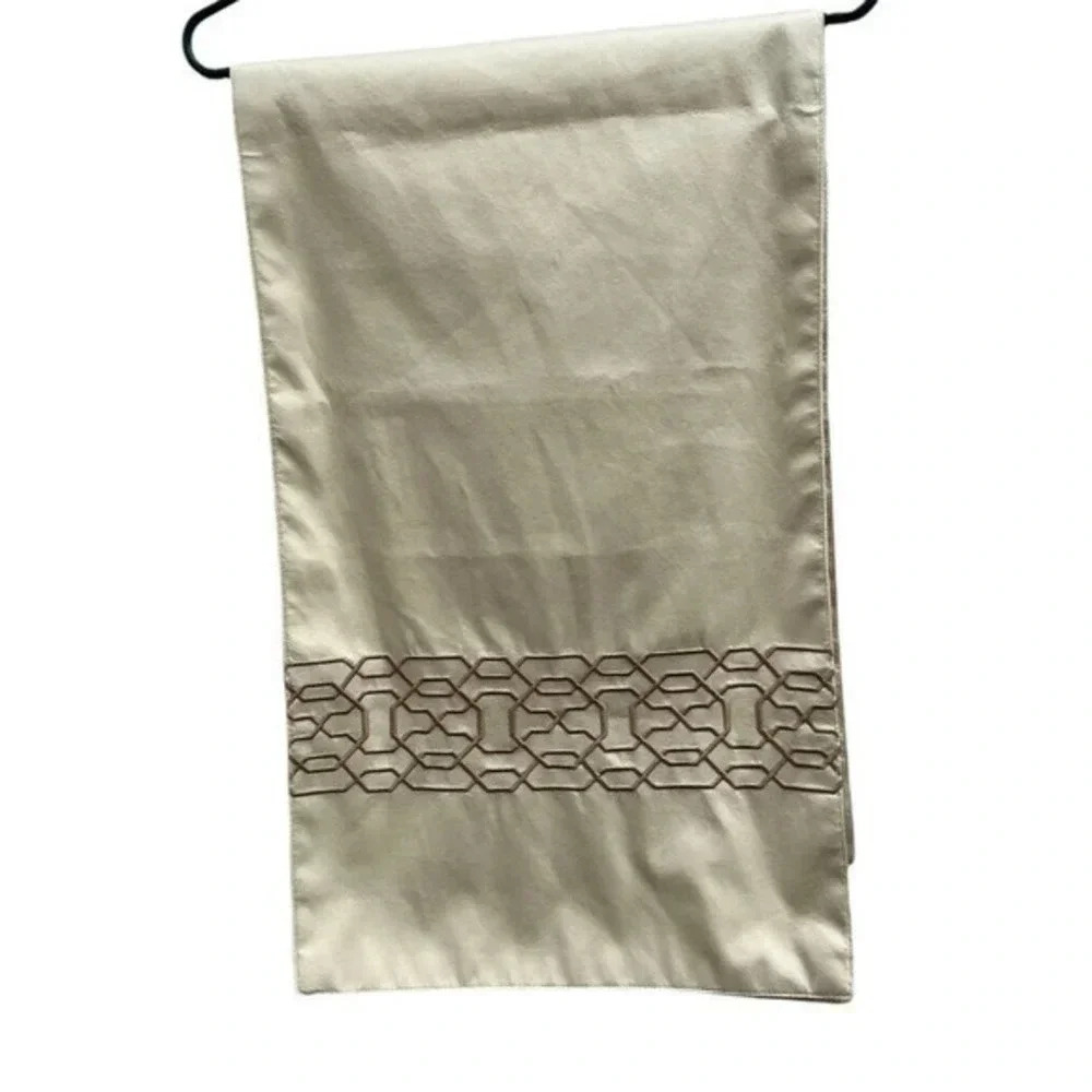Dinning Room Table Runner Solid Cream With Gold Geometric Trim  84 x 14 Inches‍‎